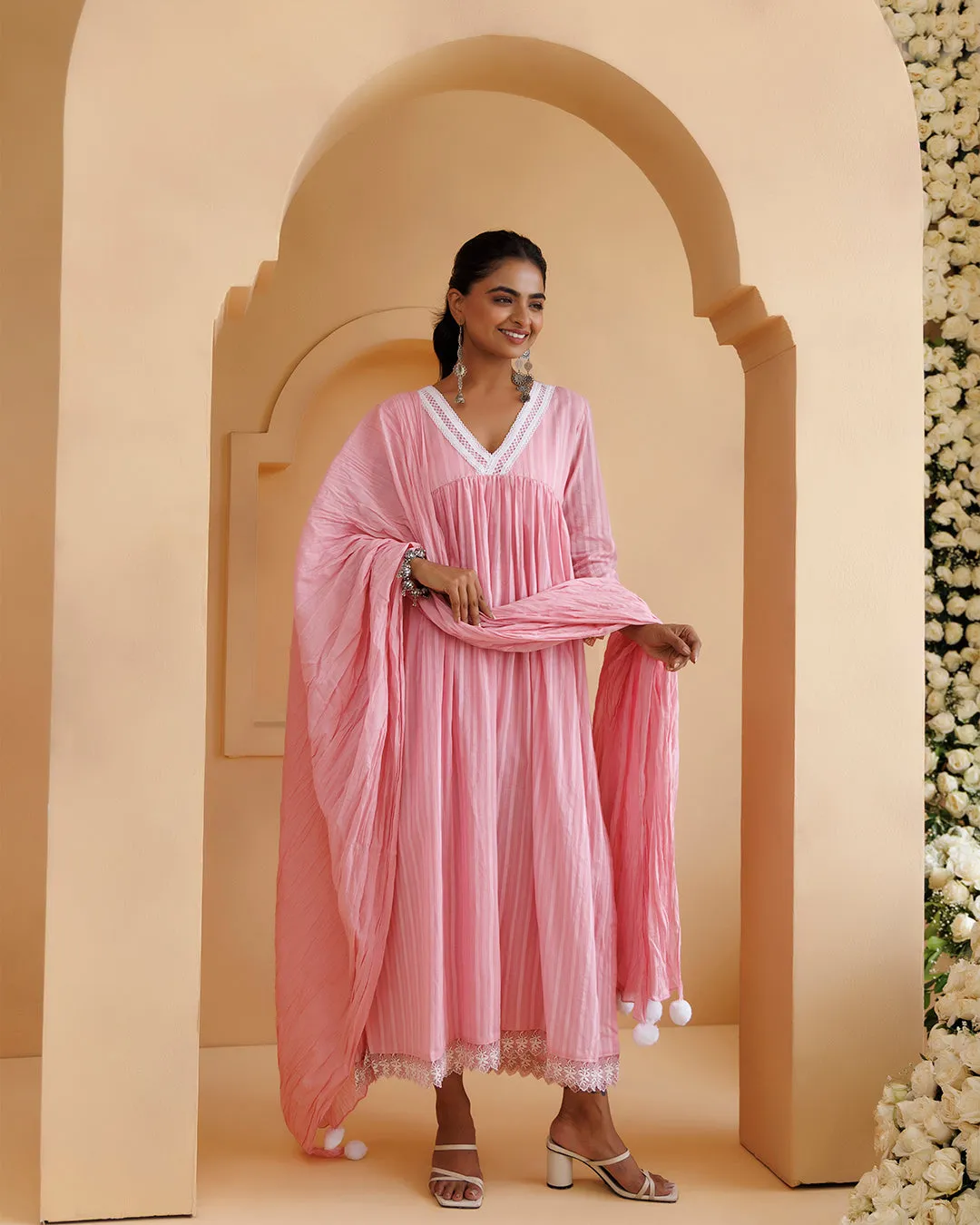 Ghazal Pink Lino Mul Gathered Lace Suit Set
