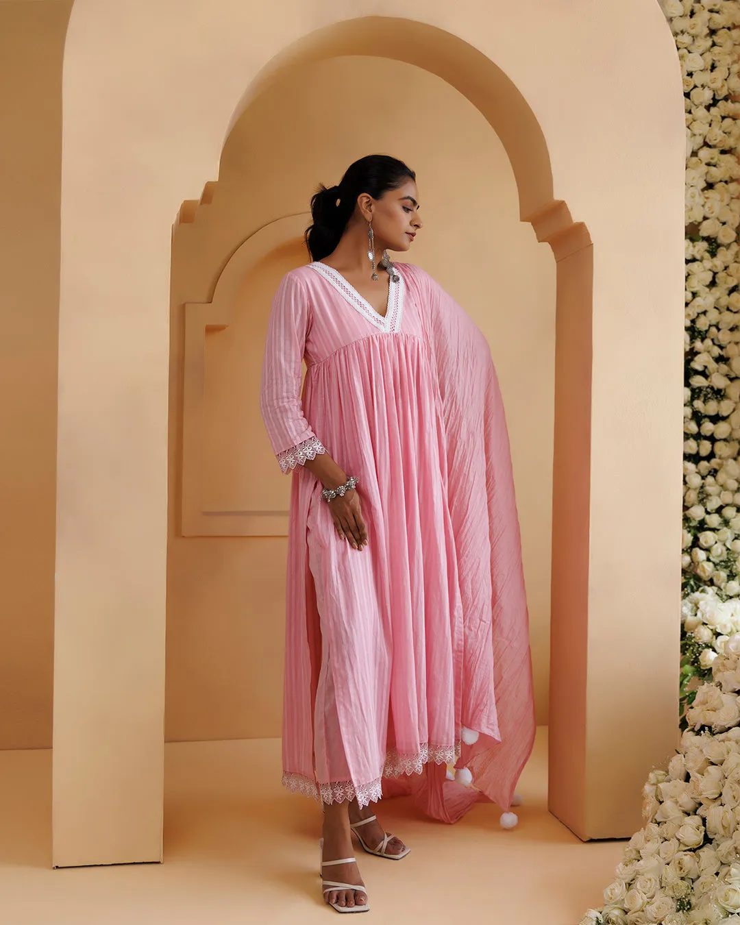 Ghazal Pink Lino Mul Gathered Lace Suit Set