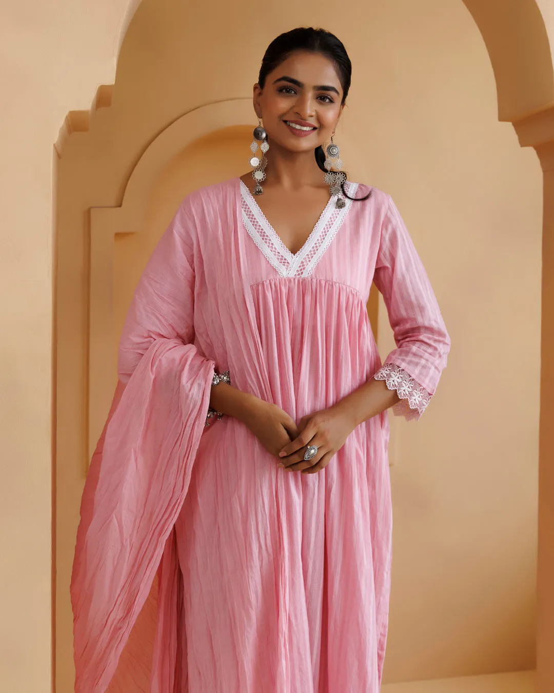 Ghazal Pink Lino Mul Gathered Lace Suit Set