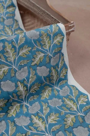 Grey with Green Floral Sanganeri Cotton Fabric