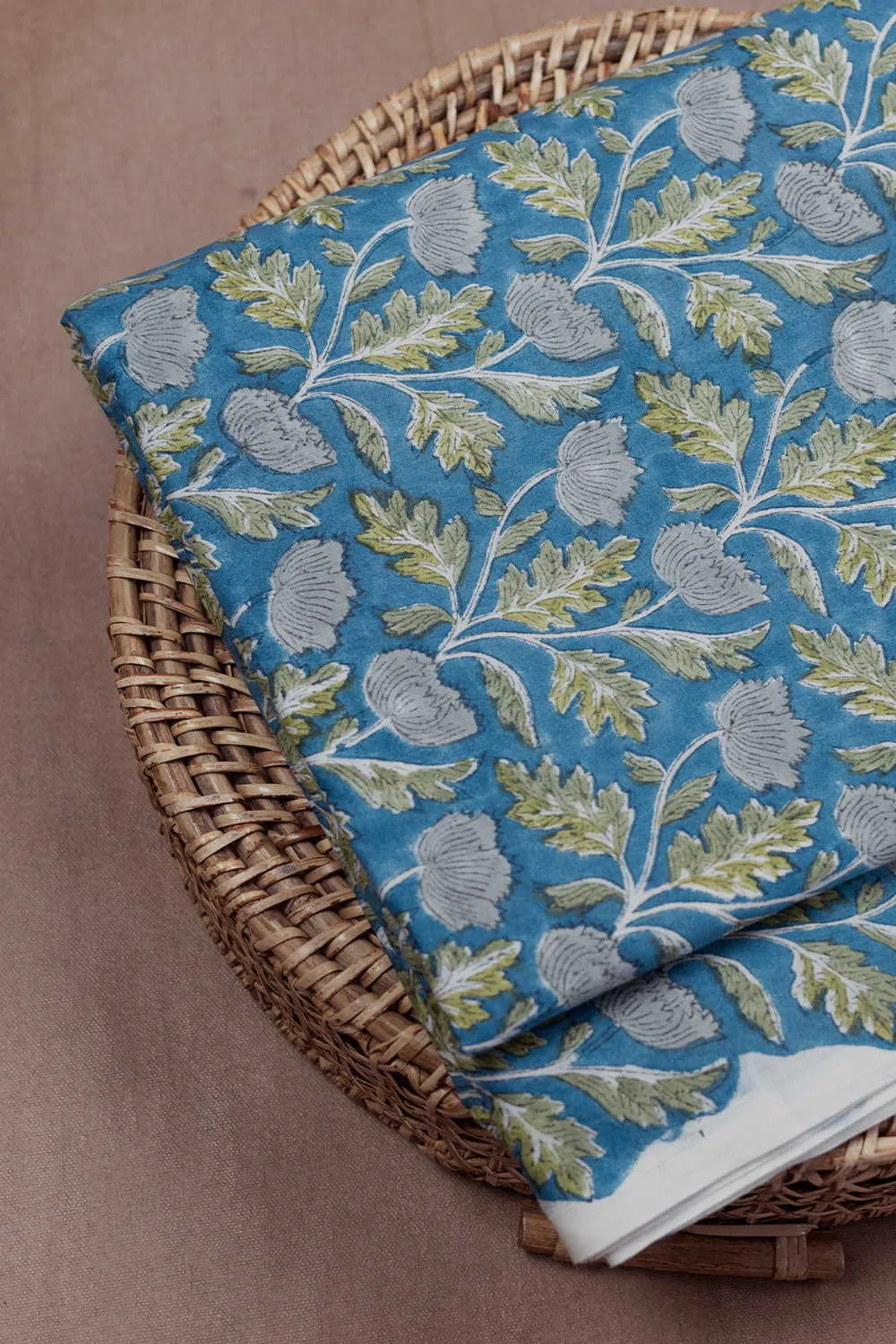 Grey with Green Floral Sanganeri Cotton Fabric