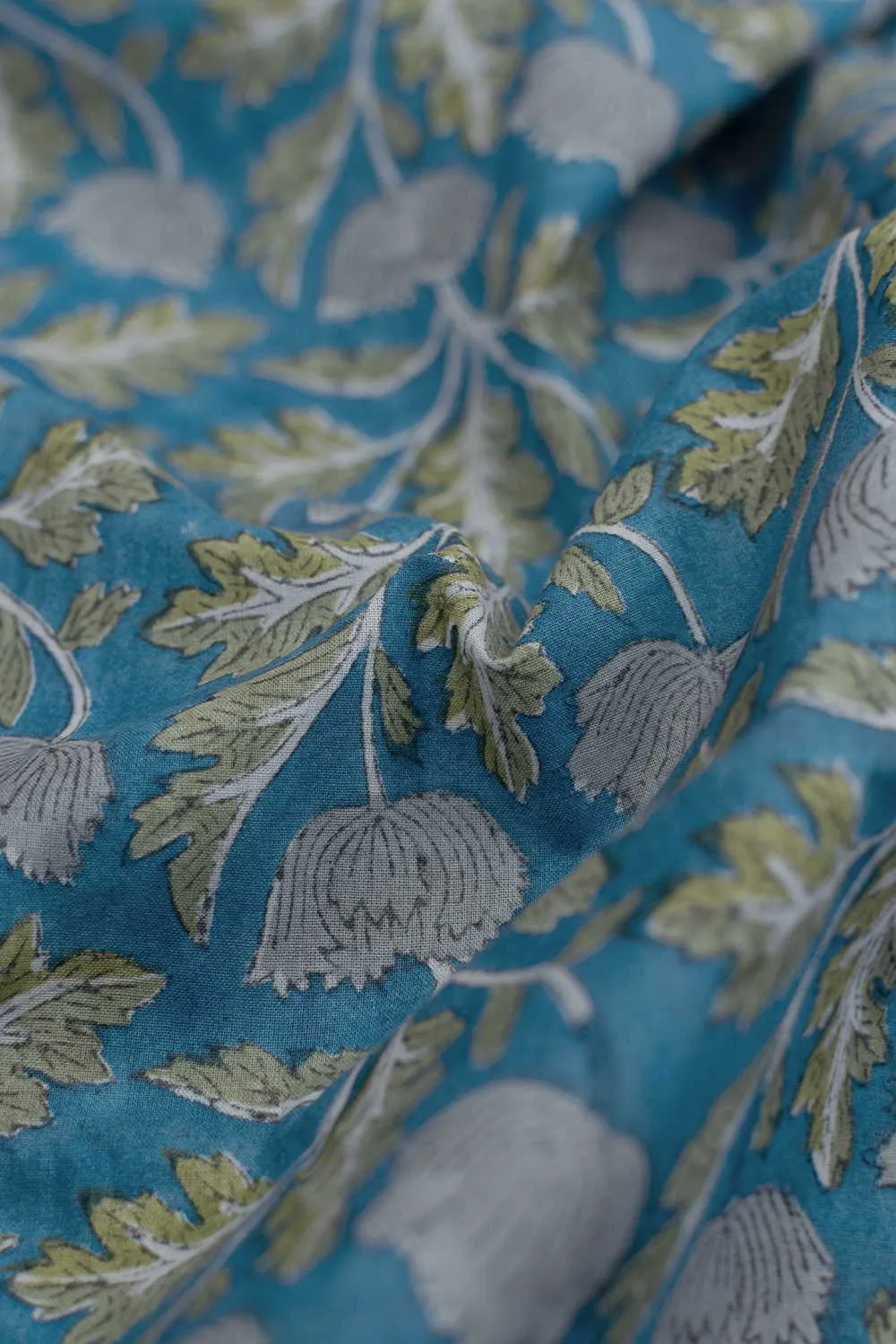 Grey with Green Floral Sanganeri Cotton Fabric
