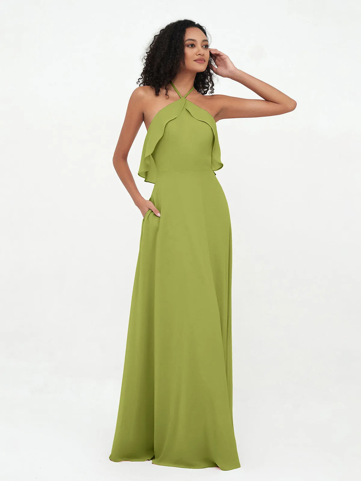 Halter Strap Chiffon Long Bridesmaid Dresses Clover
