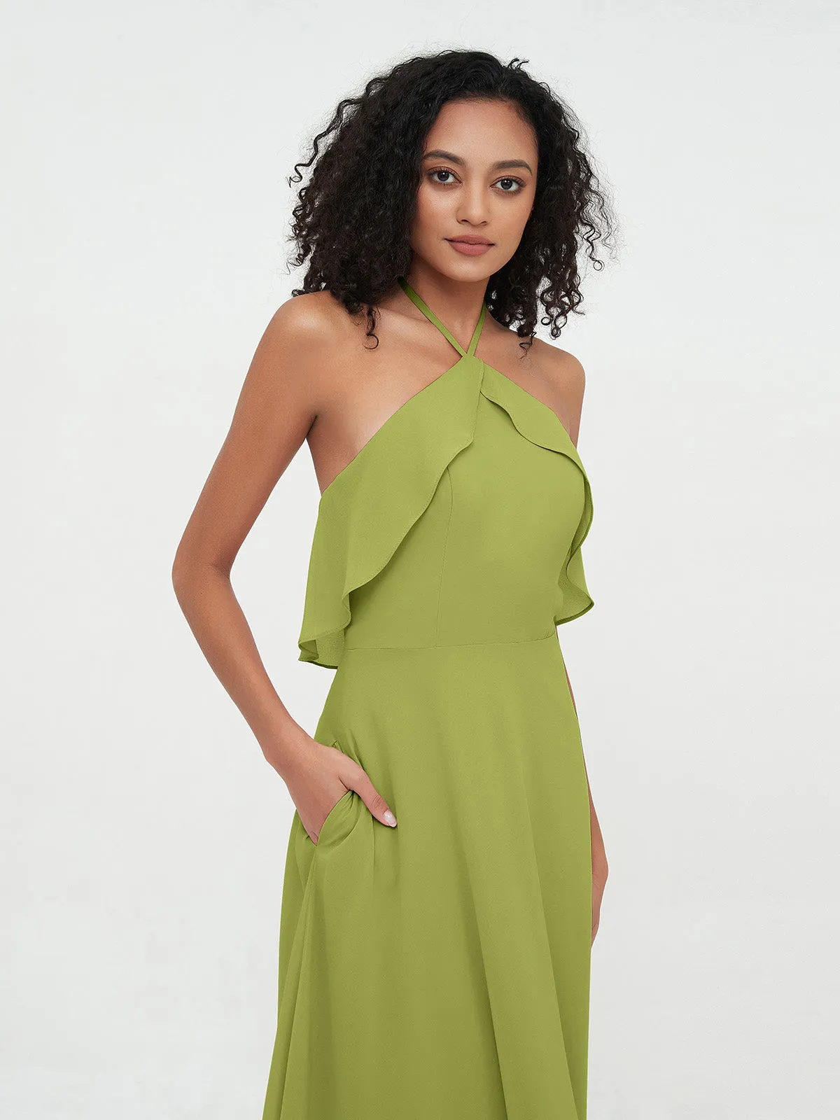 Halter Strap Chiffon Long Bridesmaid Dresses Clover