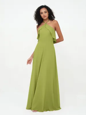 Halter Strap Chiffon Long Bridesmaid Dresses Clover