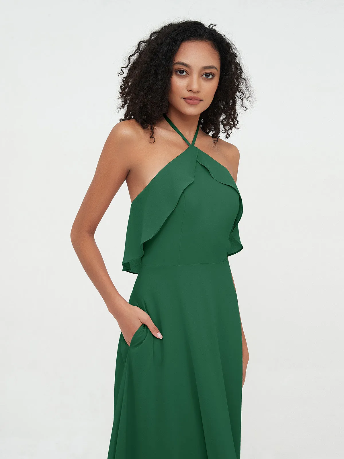 Halter Strap Chiffon Long Bridesmaid Dresses Dark Green Plus Size