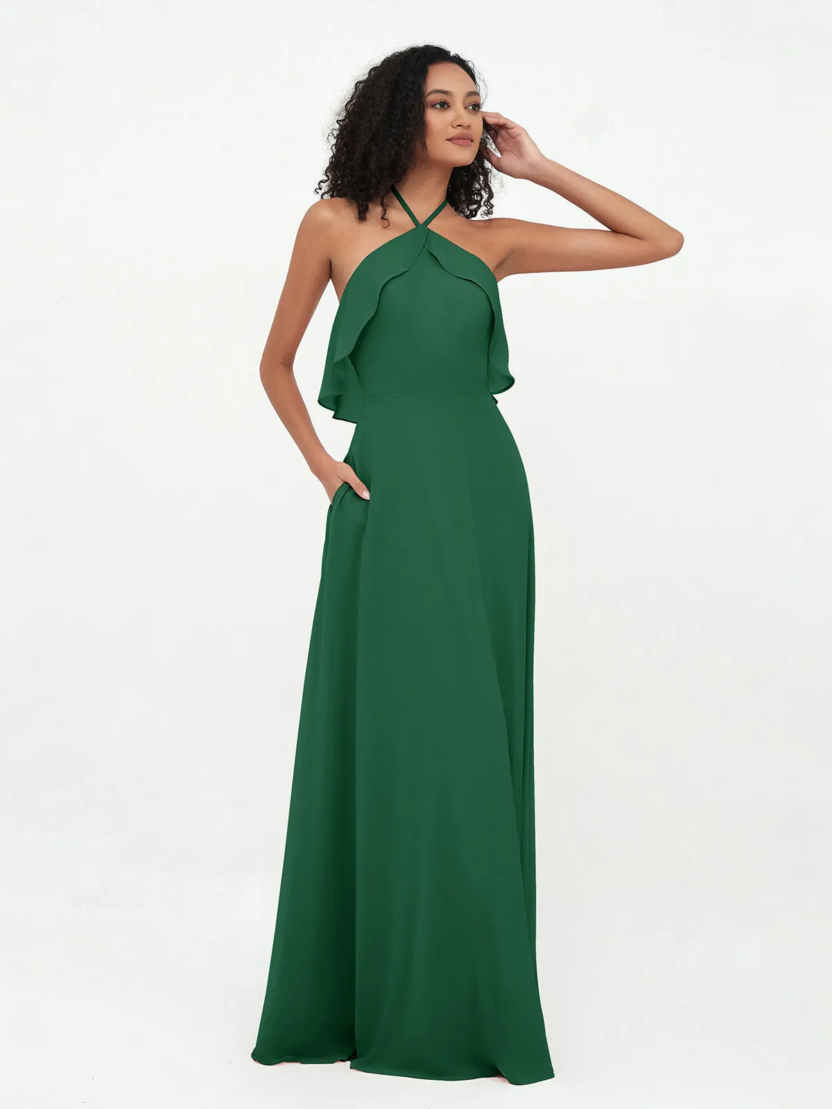 Halter Strap Chiffon Long Bridesmaid Dresses Dark Green Plus Size