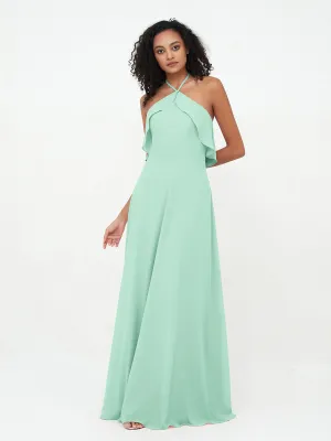 Halter Strap Chiffon Long Bridesmaid Dresses Mint Green Plus Size