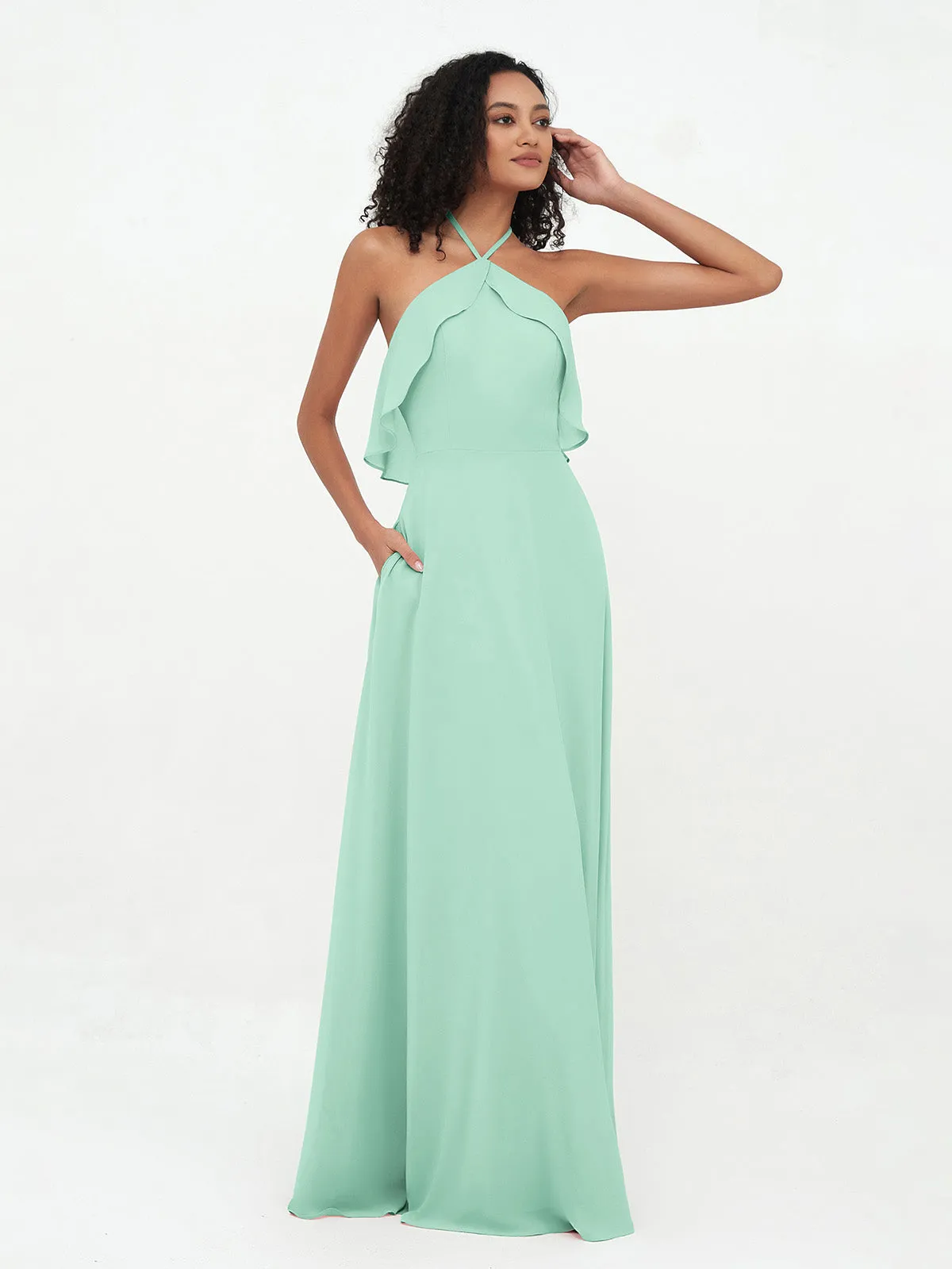 Halter Strap Chiffon Long Bridesmaid Dresses Mint Green Plus Size