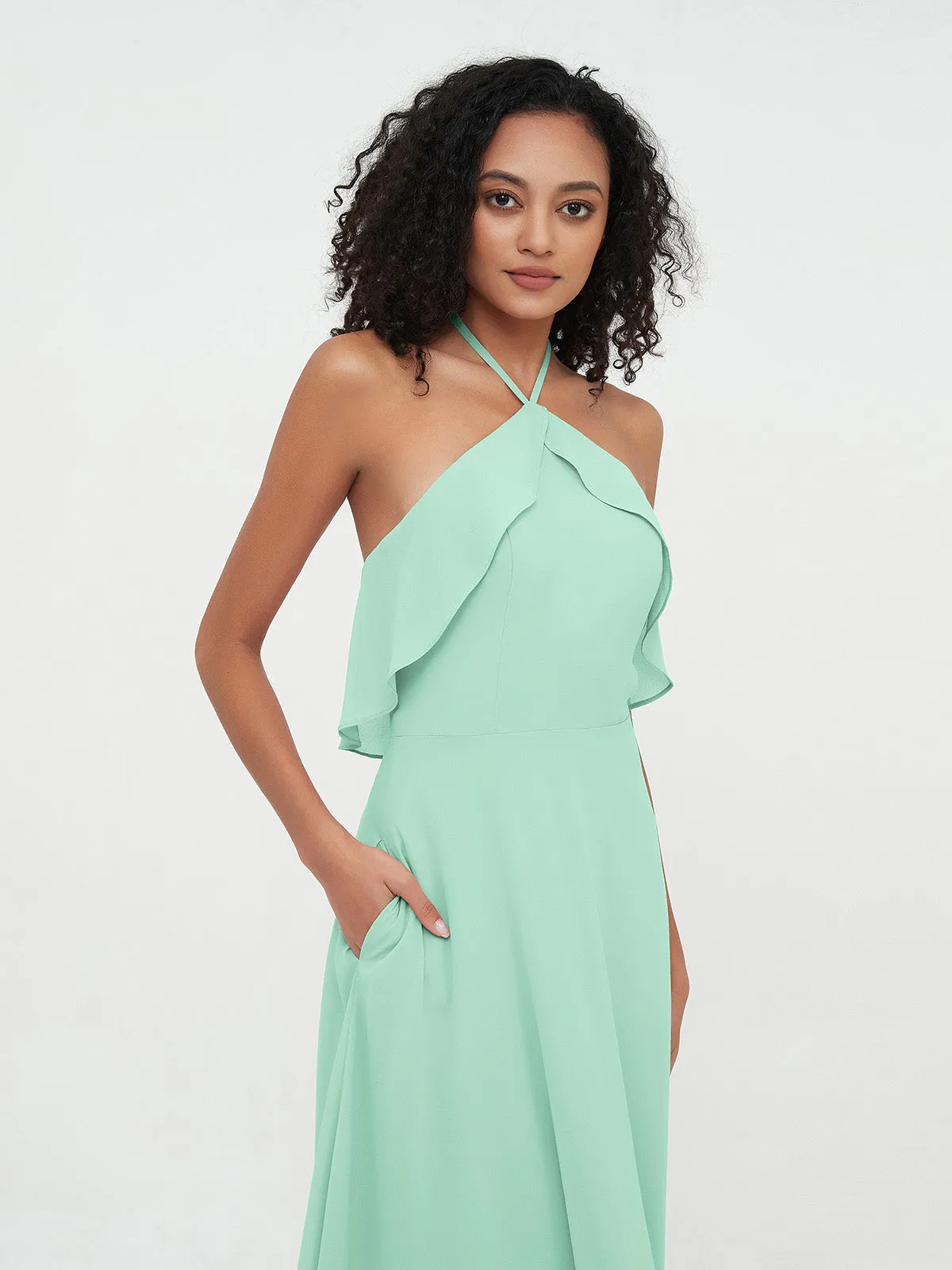 Halter Strap Chiffon Long Bridesmaid Dresses Mint Green Plus Size