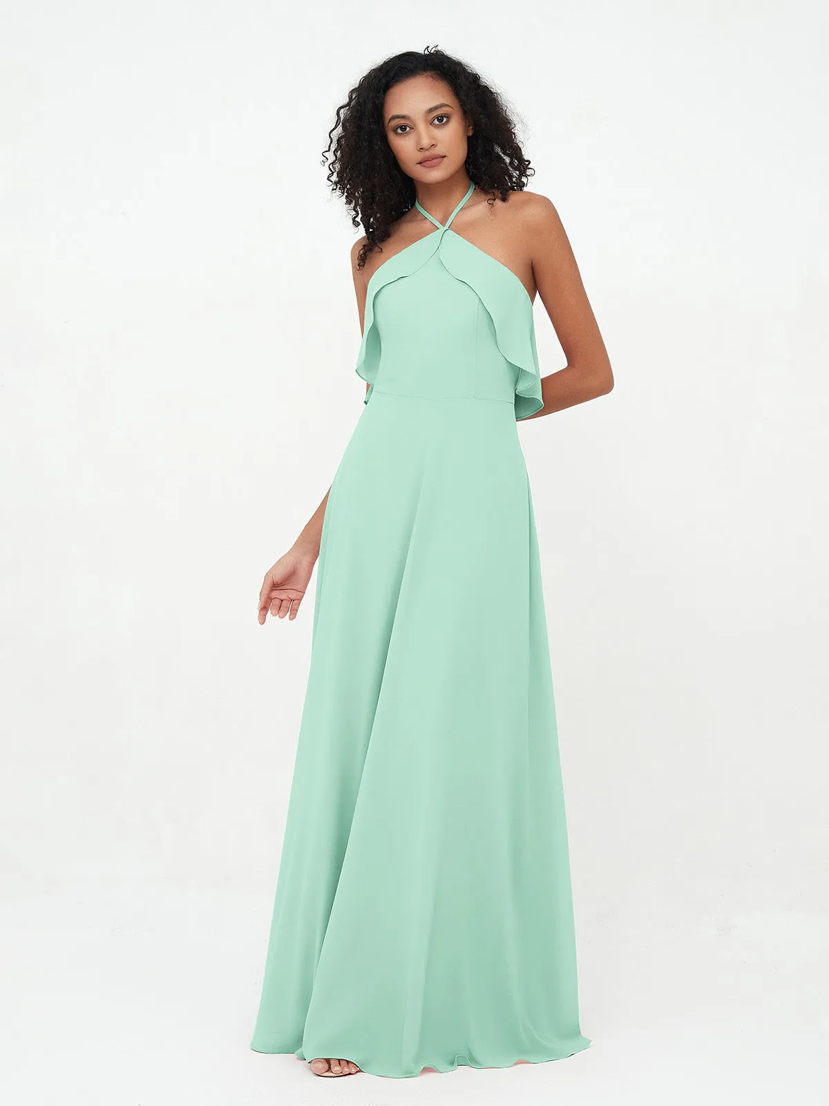 Halter Strap Chiffon Long Bridesmaid Dresses Mint Green Plus Size