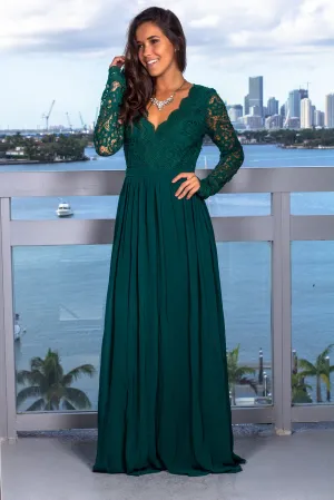 Hunter Green Long Sleeve Crochet Maxi Dress with Open Back