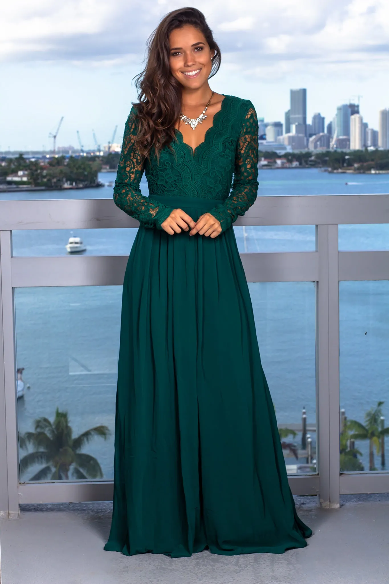 Hunter Green Long Sleeve Crochet Maxi Dress with Open Back