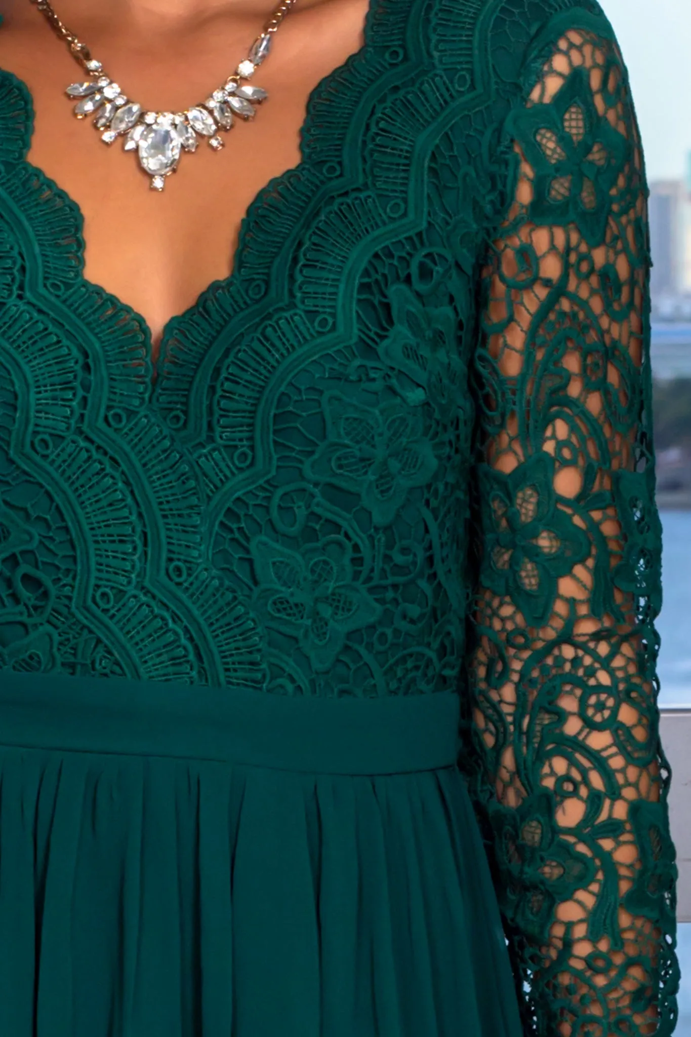 Hunter Green Long Sleeve Crochet Maxi Dress with Open Back