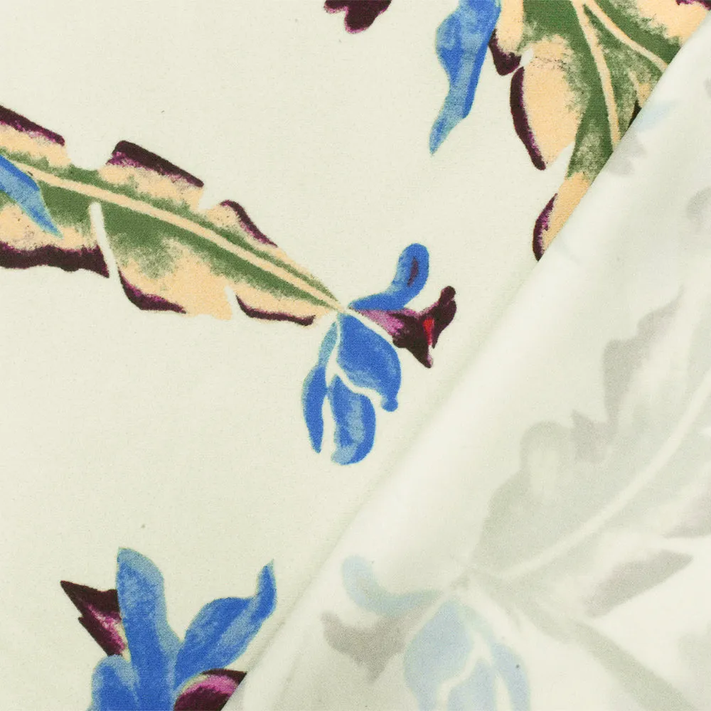 Ivory-Blue-Multi Floral Printed Stretch Nylon Tricot Knit Swimwear Fabric