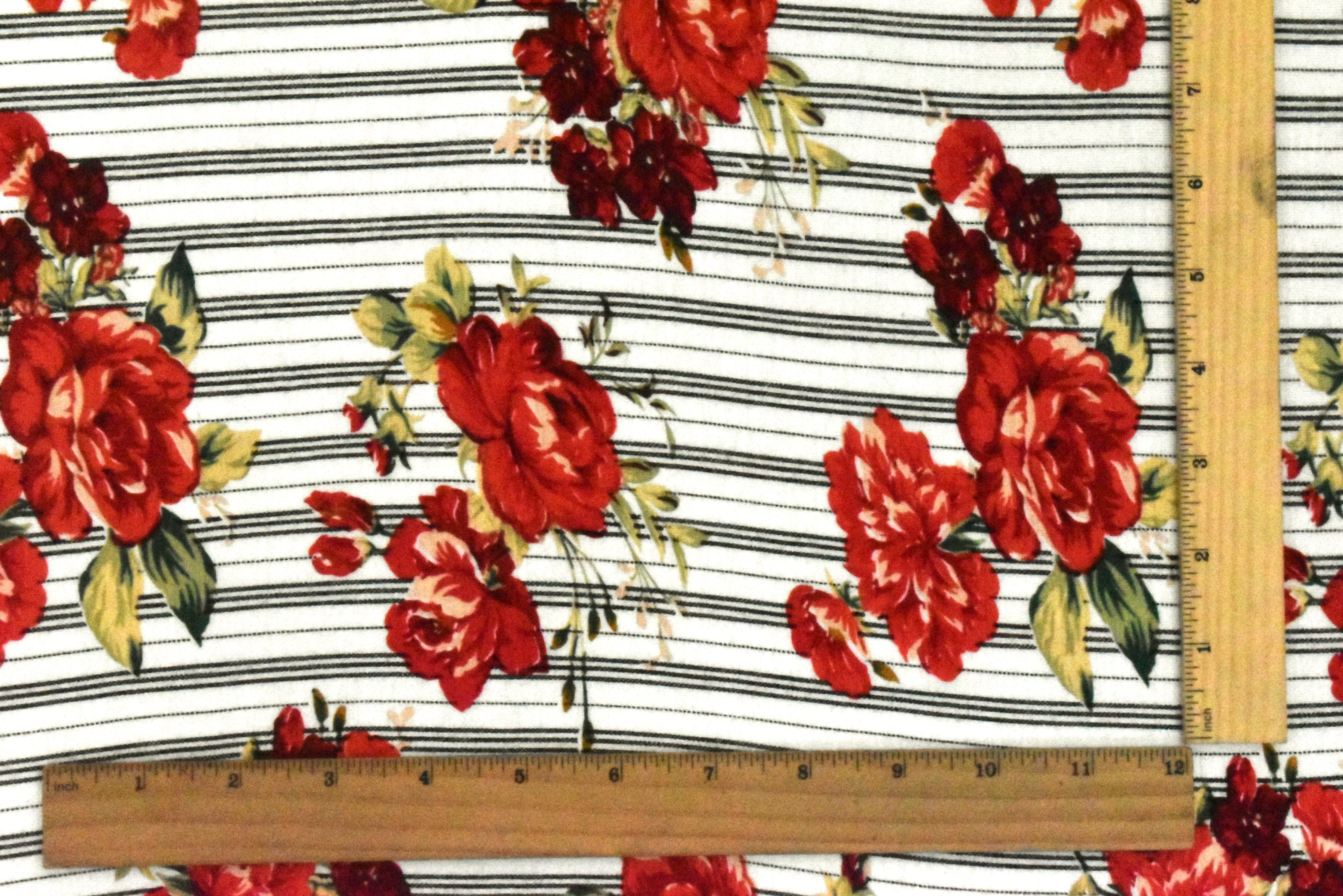 Ivory-Red-Multi Floral And Stripe Printed Rayon Stretch Jersey Knit Fabric