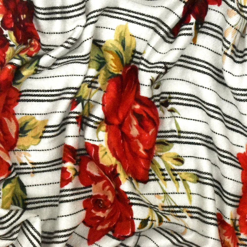 Ivory-Red-Multi Floral And Stripe Printed Rayon Stretch Jersey Knit Fabric