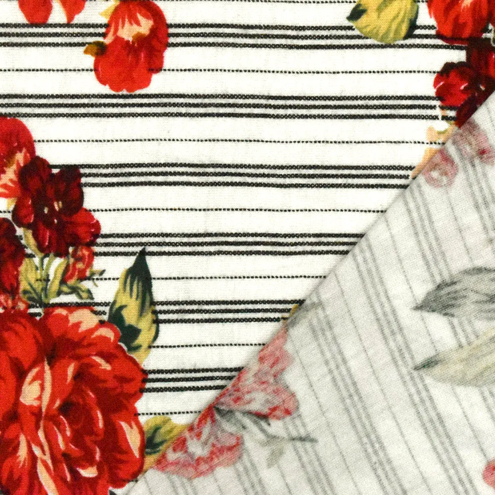Ivory-Red-Multi Floral And Stripe Printed Rayon Stretch Jersey Knit Fabric