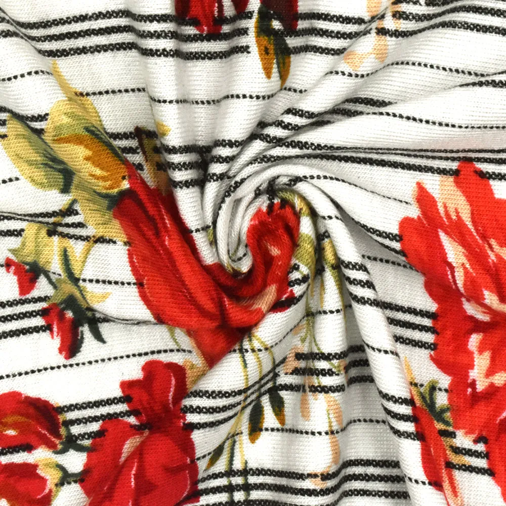Ivory-Red-Multi Floral And Stripe Printed Rayon Stretch Jersey Knit Fabric