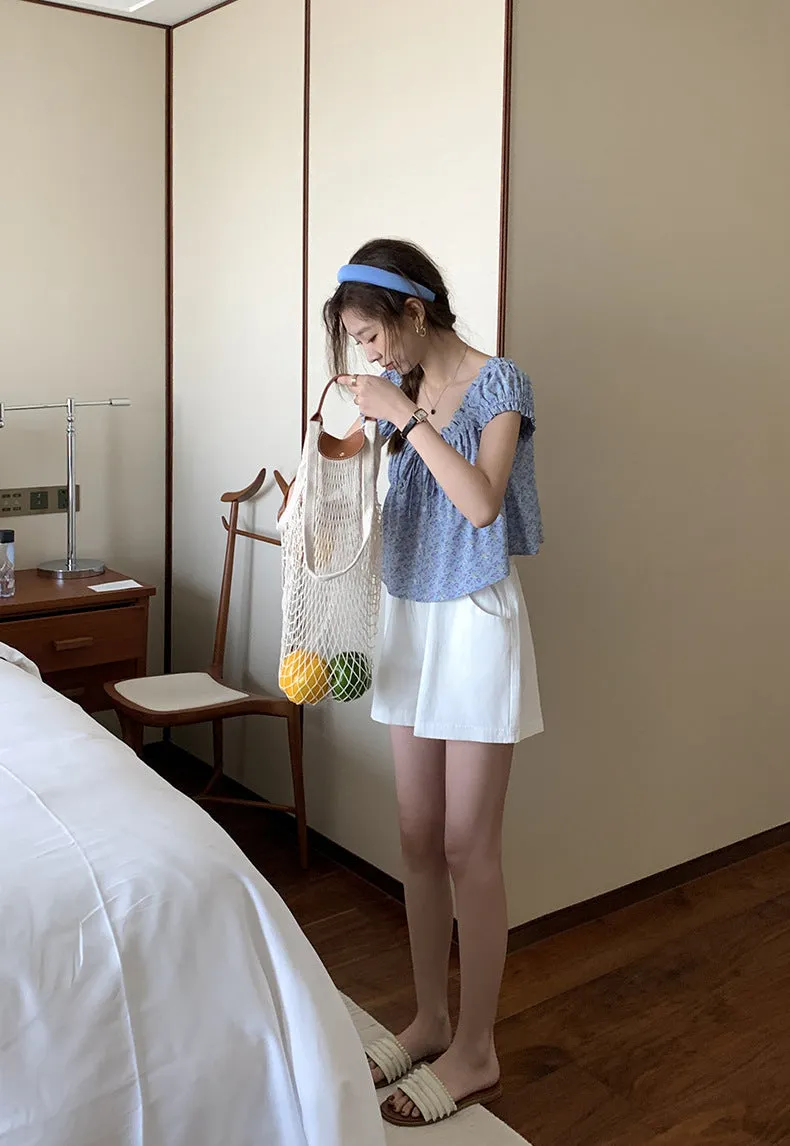 [Korean Style] Chic Floral Print Short Sleeve Button-down Blouse