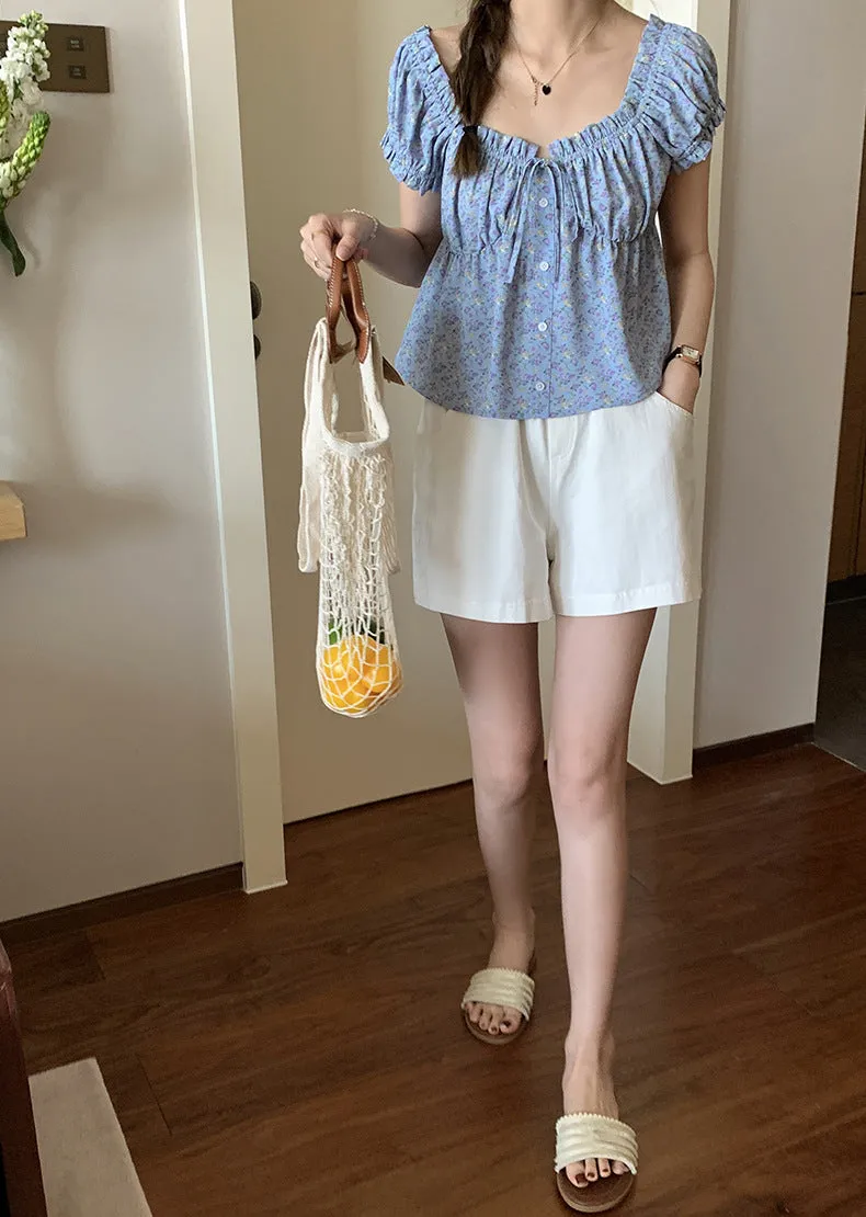 [Korean Style] Chic Floral Print Short Sleeve Button-down Blouse