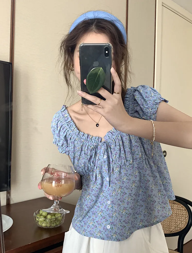 [Korean Style] Chic Floral Print Short Sleeve Button-down Blouse