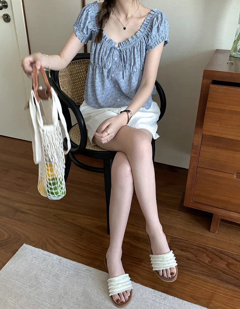 [Korean Style] Chic Floral Print Short Sleeve Button-down Blouse