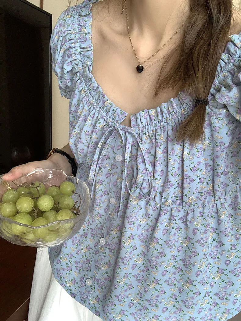 [Korean Style] Chic Floral Print Short Sleeve Button-down Blouse