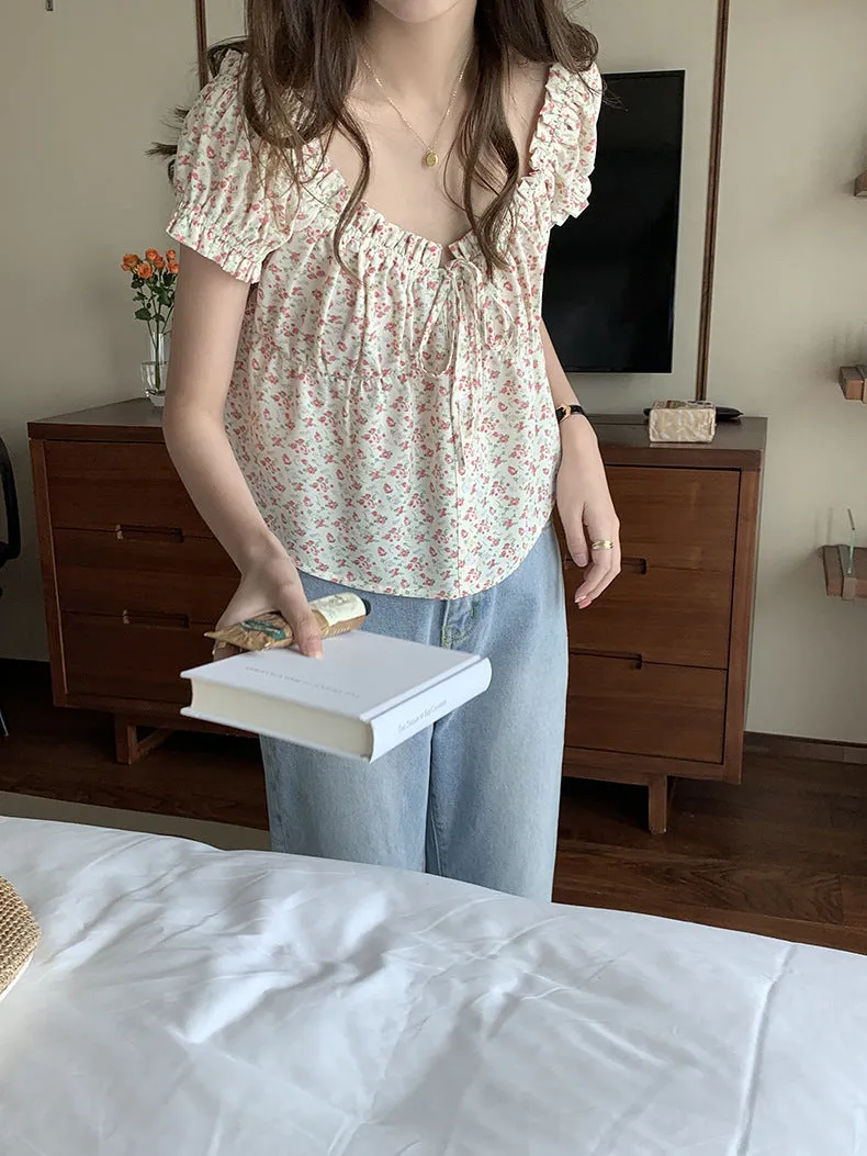 [Korean Style] Chic Floral Print Short Sleeve Button-down Blouse
