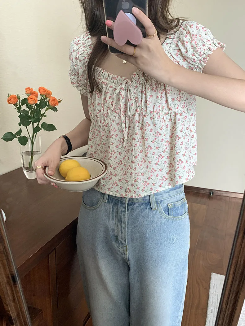 [Korean Style] Chic Floral Print Short Sleeve Button-down Blouse