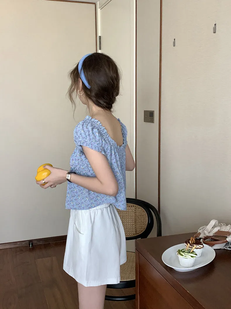 [Korean Style] Chic Floral Print Short Sleeve Button-down Blouse