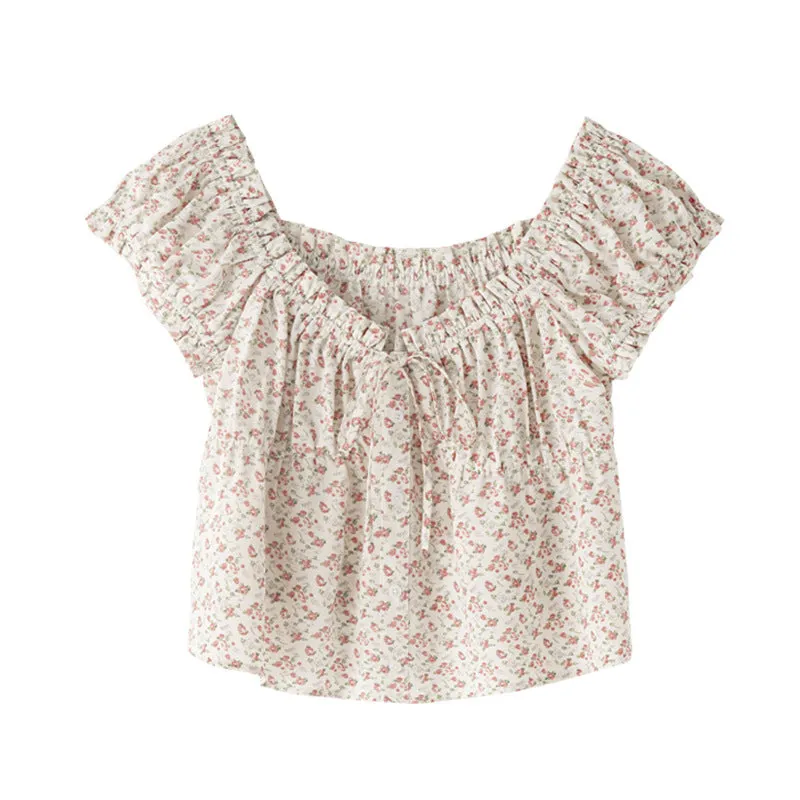 [Korean Style] Chic Floral Print Short Sleeve Button-down Blouse