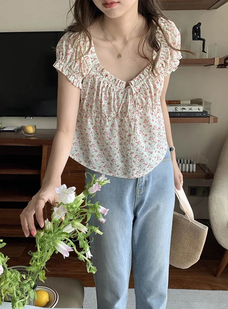 [Korean Style] Chic Floral Print Short Sleeve Button-down Blouse