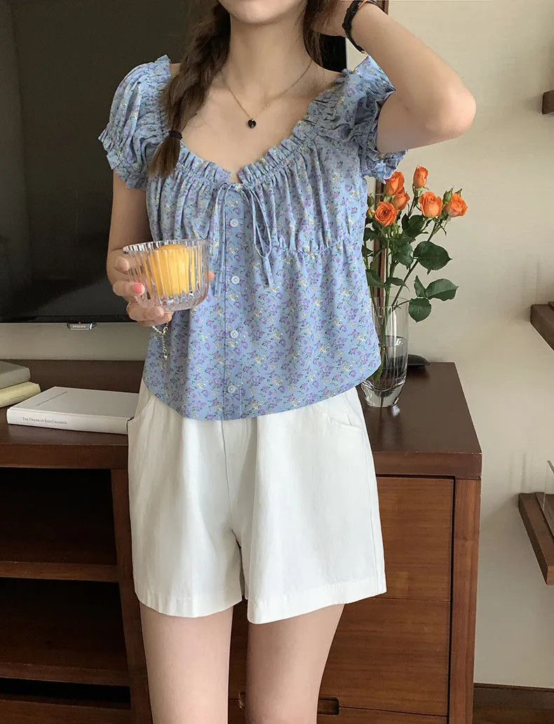 [Korean Style] Chic Floral Print Short Sleeve Button-down Blouse