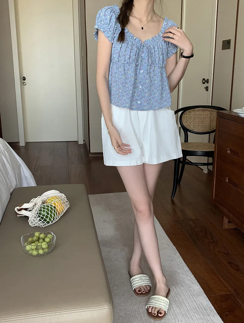 [Korean Style] Chic Floral Print Short Sleeve Button-down Blouse