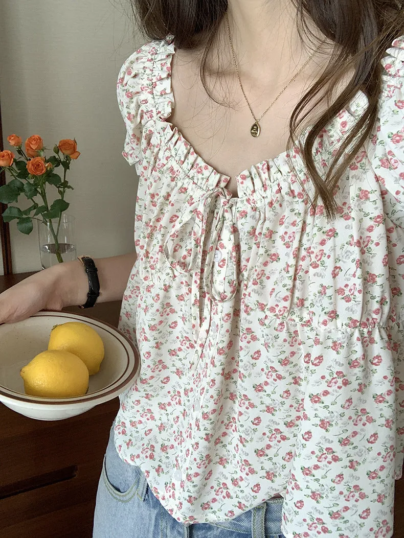 [Korean Style] Chic Floral Print Short Sleeve Button-down Blouse