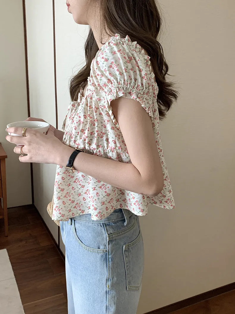 [Korean Style] Chic Floral Print Short Sleeve Button-down Blouse