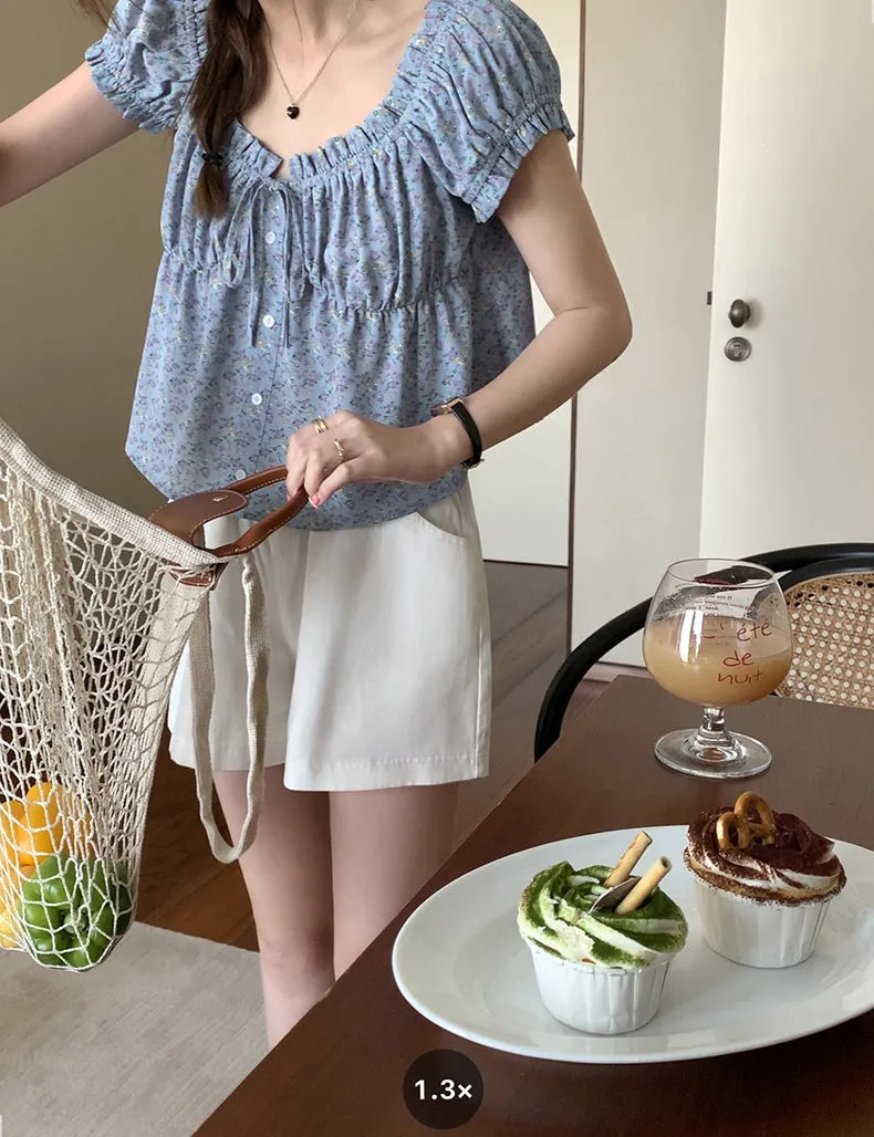 [Korean Style] Chic Floral Print Short Sleeve Button-down Blouse