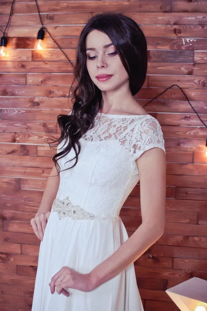 Lace Romantic White Chiffon A-Line Floor-Length Bateau Short Sleeve Wedding Dress WK413