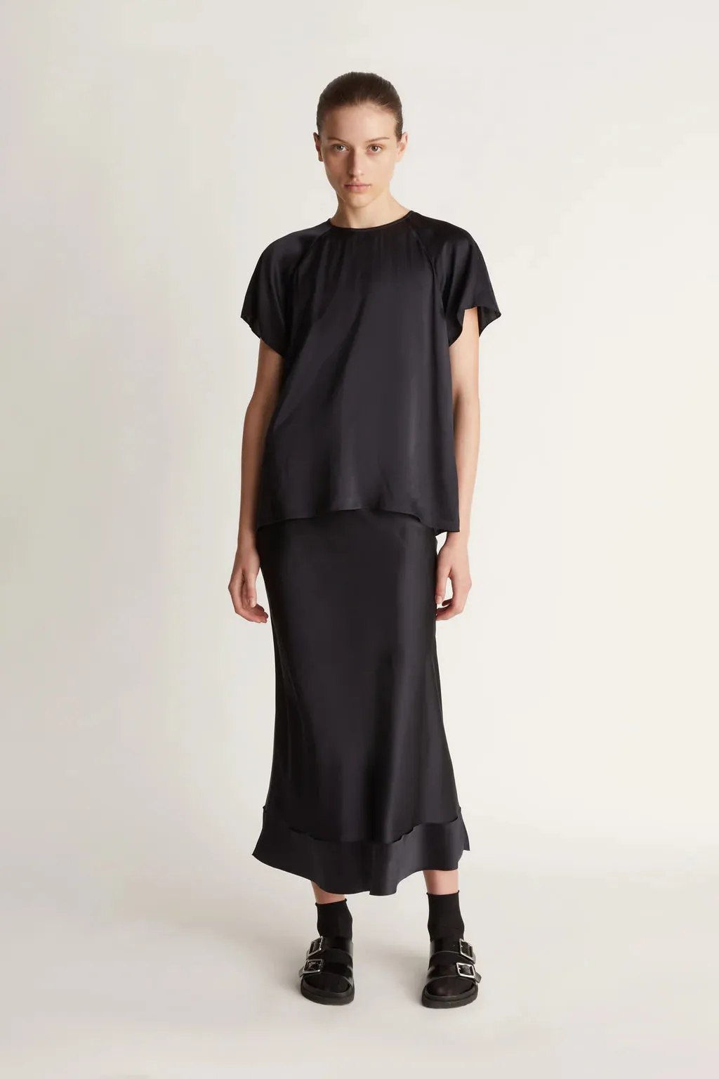 Lee Mathews Stella Silk Satin Skirt in Midnight