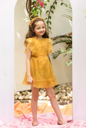 Monica Sequins Embroidery Sparkle Net Girls Dress - Mustard yellow