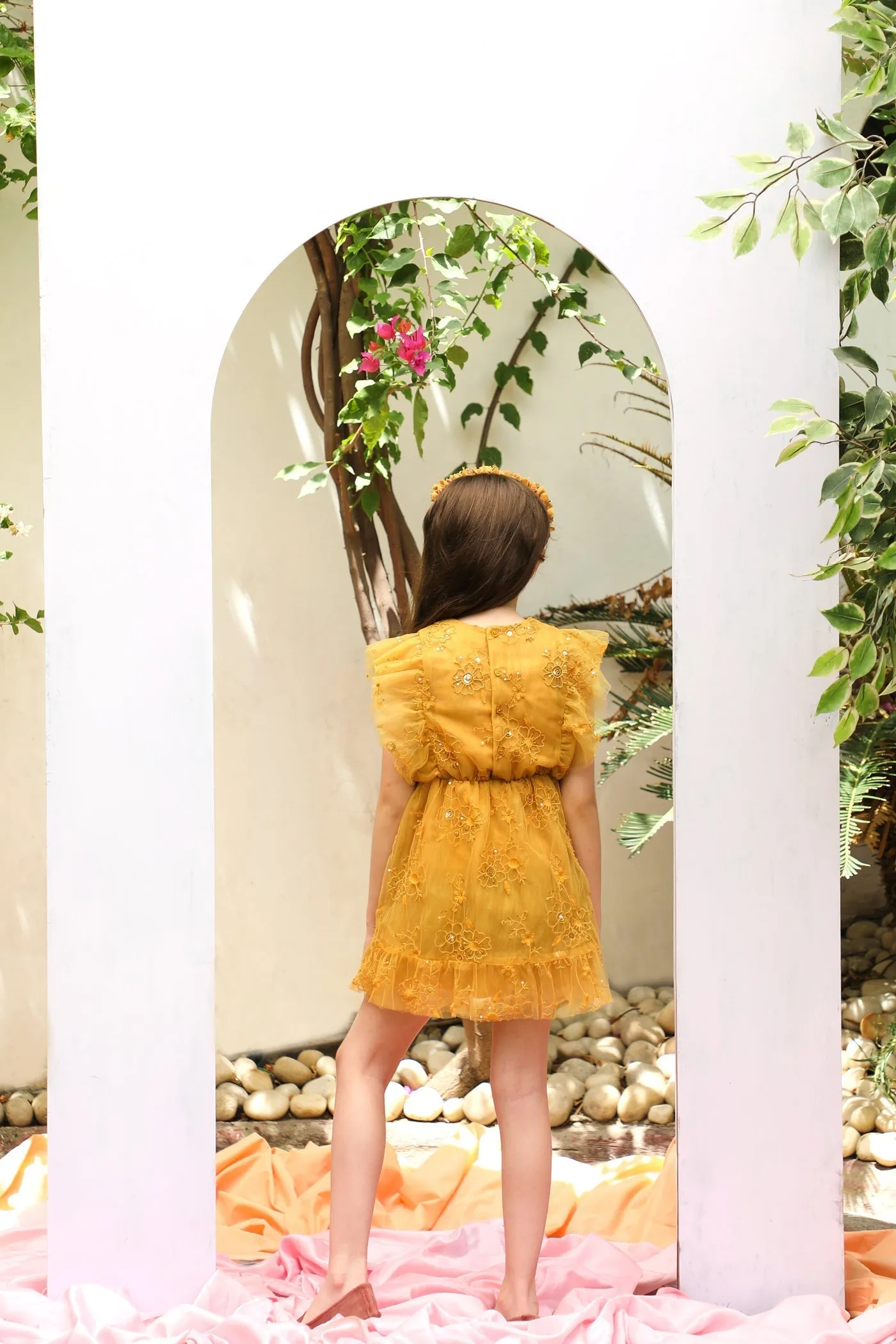 Monica Sequins Embroidery Sparkle Net Girls Dress - Mustard yellow