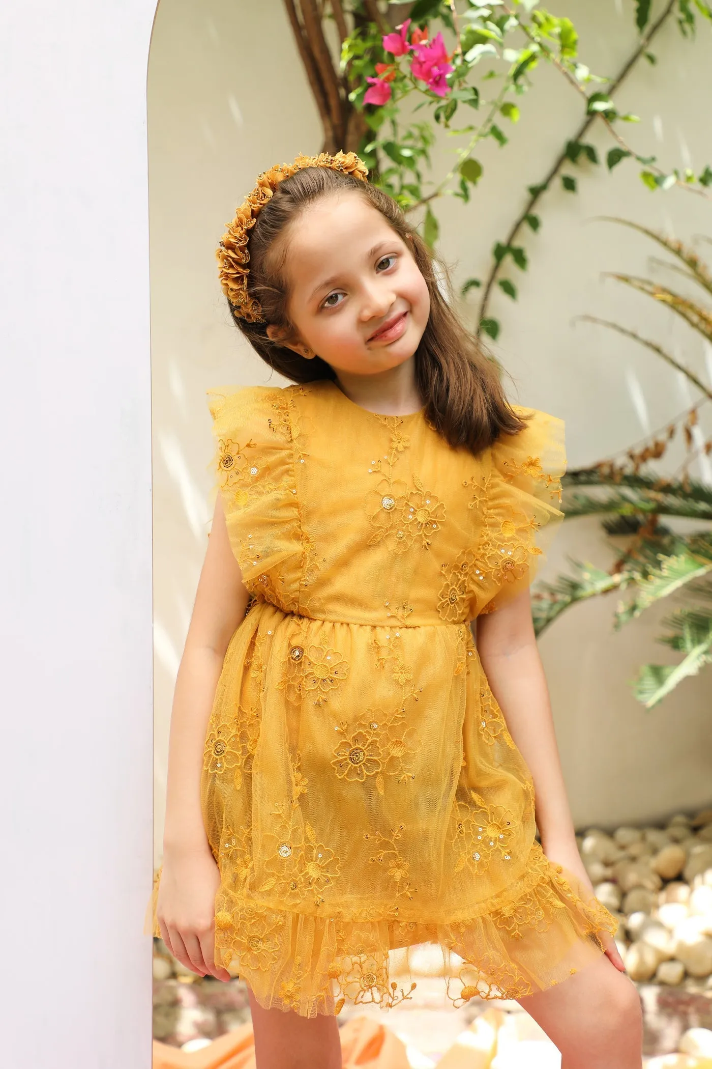Monica Sequins Embroidery Sparkle Net Girls Dress - Mustard yellow