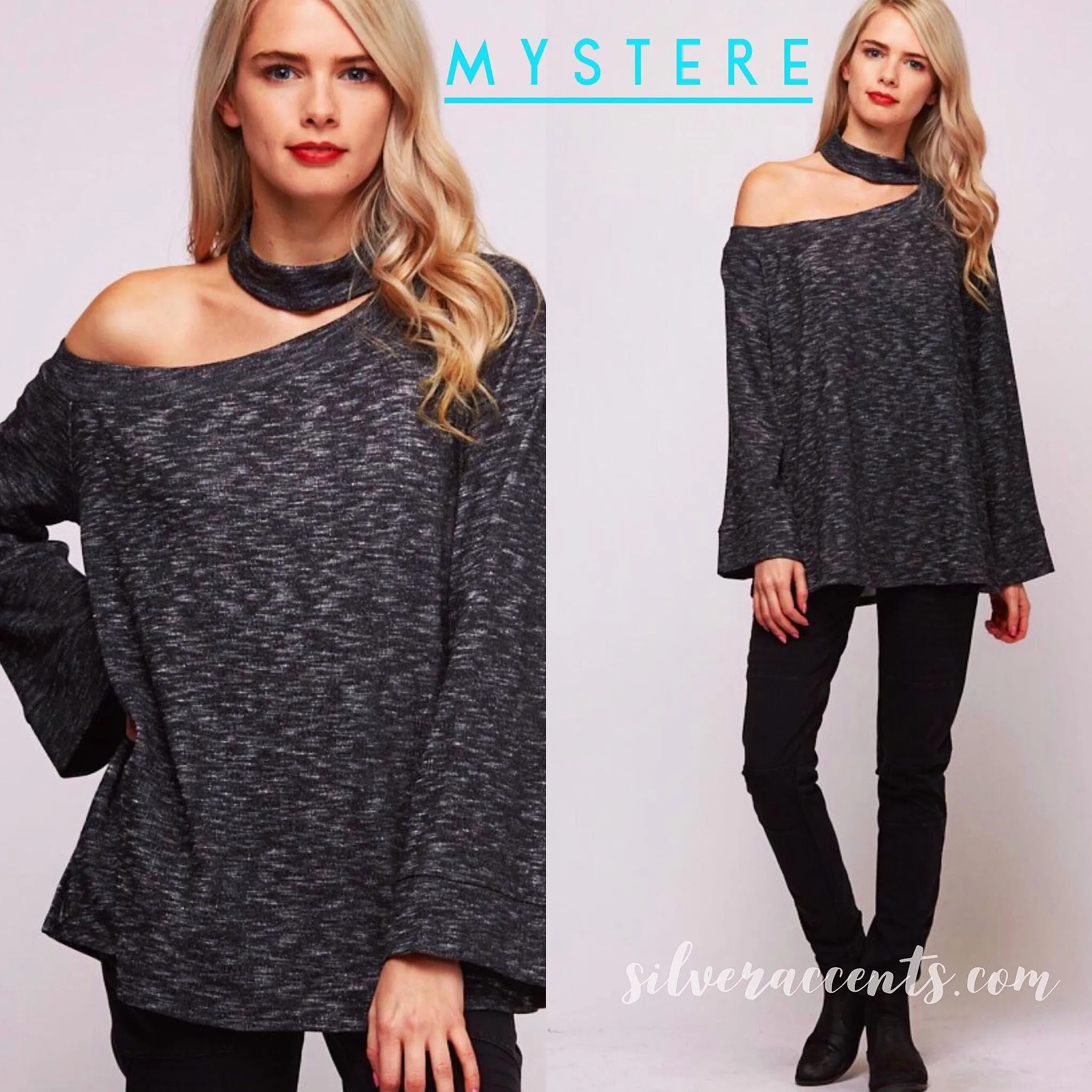MYSTERE OneShoulder Cutout ChokerNeck MarledKnit Top