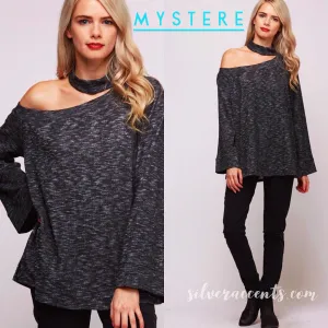 MYSTERE OneShoulder Cutout ChokerNeck MarledKnit Top