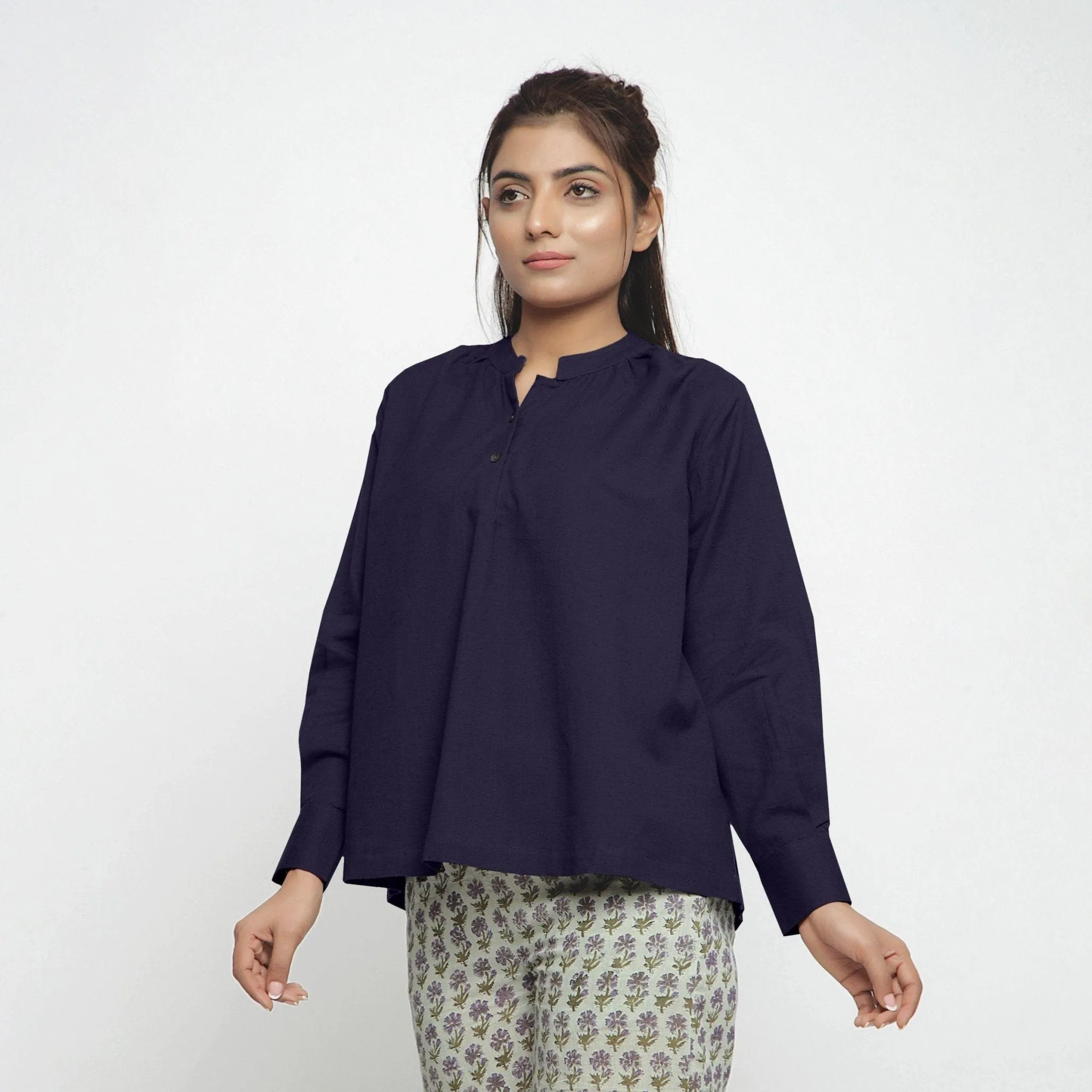 Navy Blue Cotton Flax Mandarin Collar Yoked Top
