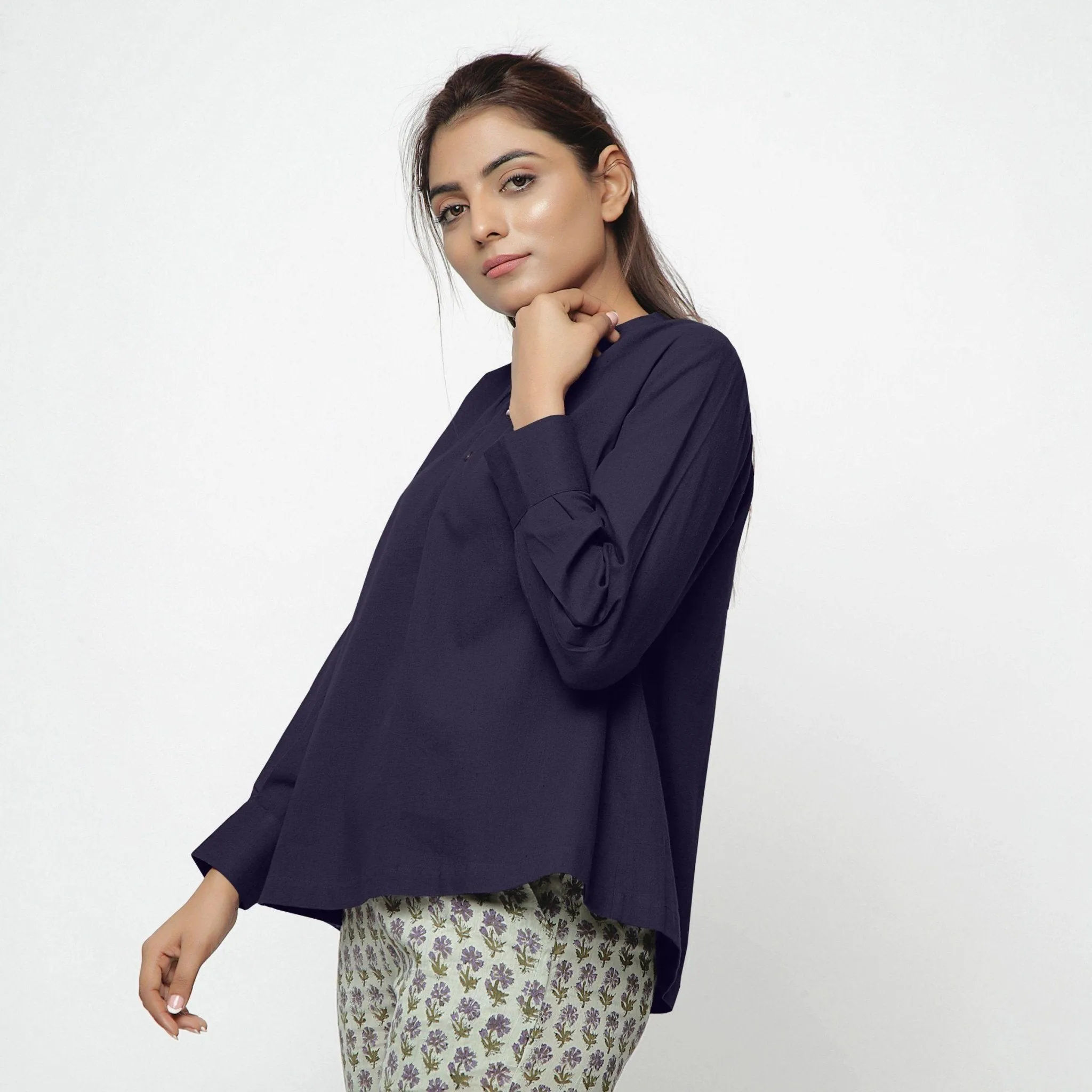 Navy Blue Cotton Flax Mandarin Collar Yoked Top