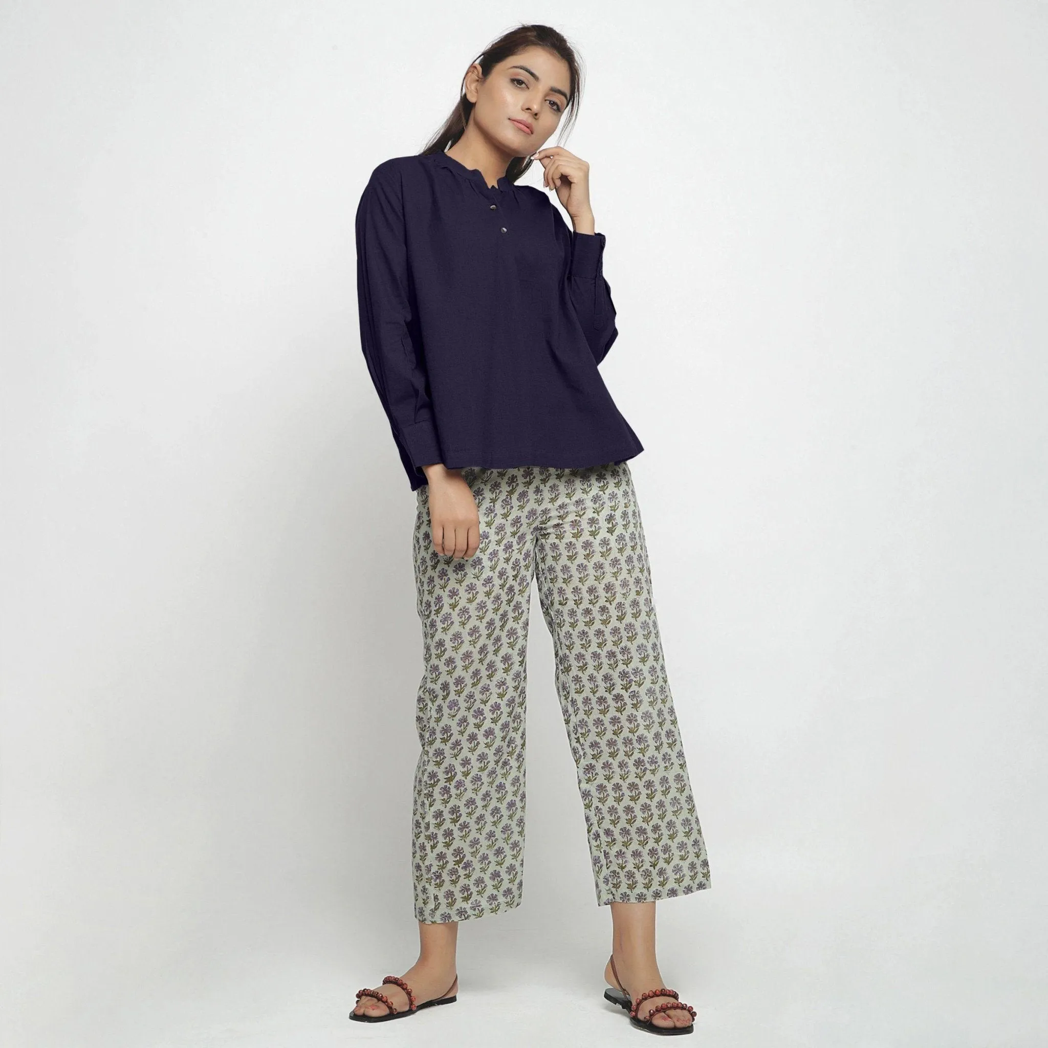 Navy Blue Cotton Flax Mandarin Collar Yoked Top