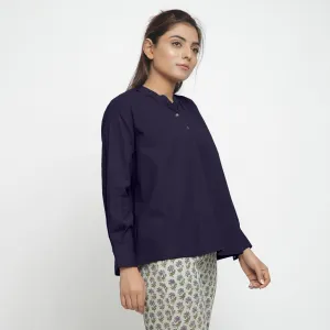 Navy Blue Cotton Flax Mandarin Collar Yoked Top