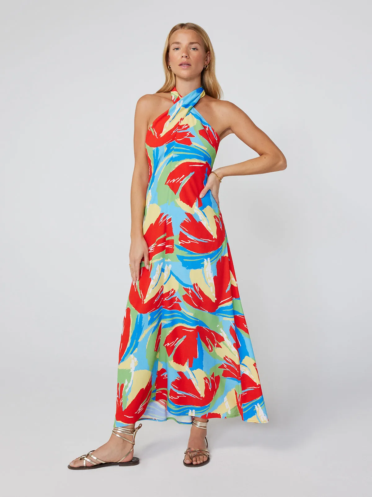 Neve Abstract Print Cross Front Halter Dress